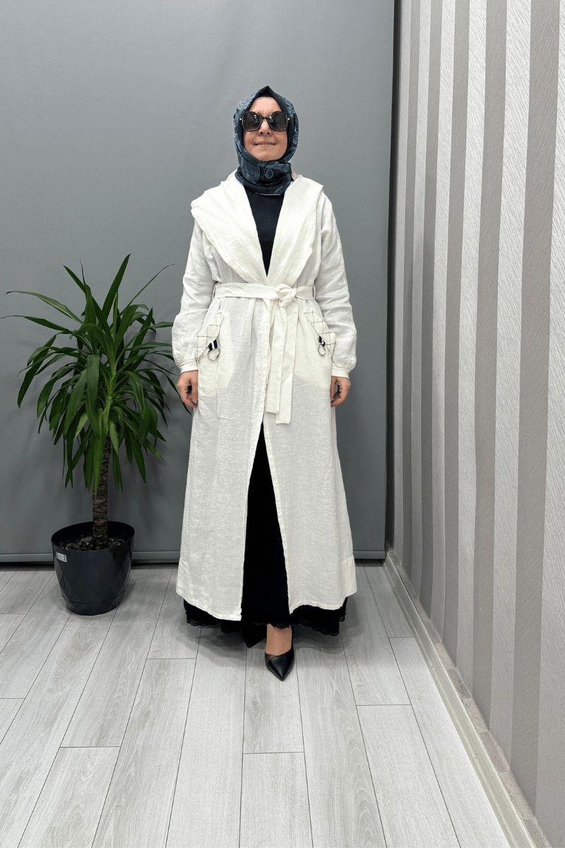 Misswhence Kapüşonlu Keten Kap Beyaz 37401