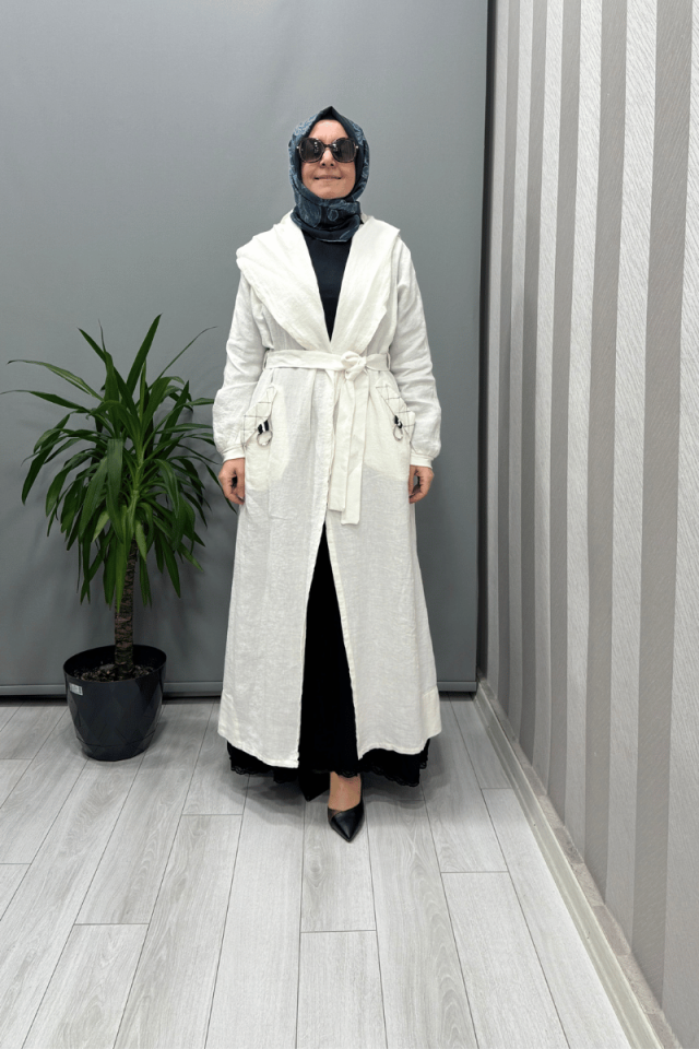 Misswhence Kapüşonlu Keten Kap Beyaz 37401