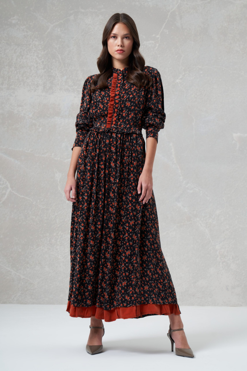 MissWhence Button Detailed Patterned Silk Dress Orange 35819