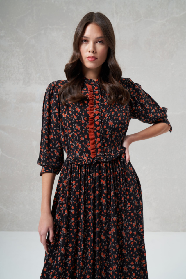 MissWhence Button Detailed Patterned Silk Dress Orange 35819