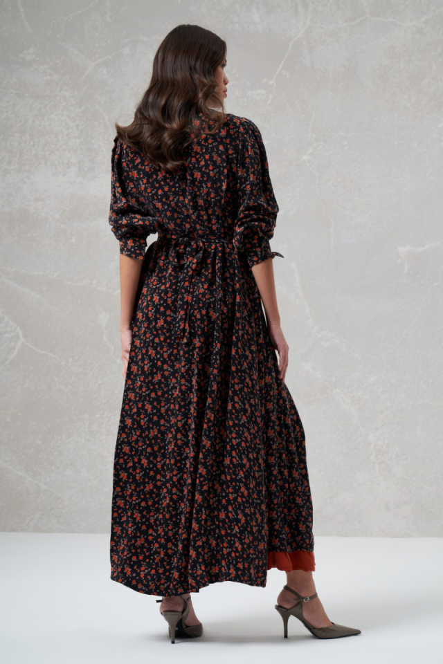 MissWhence Button Detailed Patterned Silk Dress Orange 35819