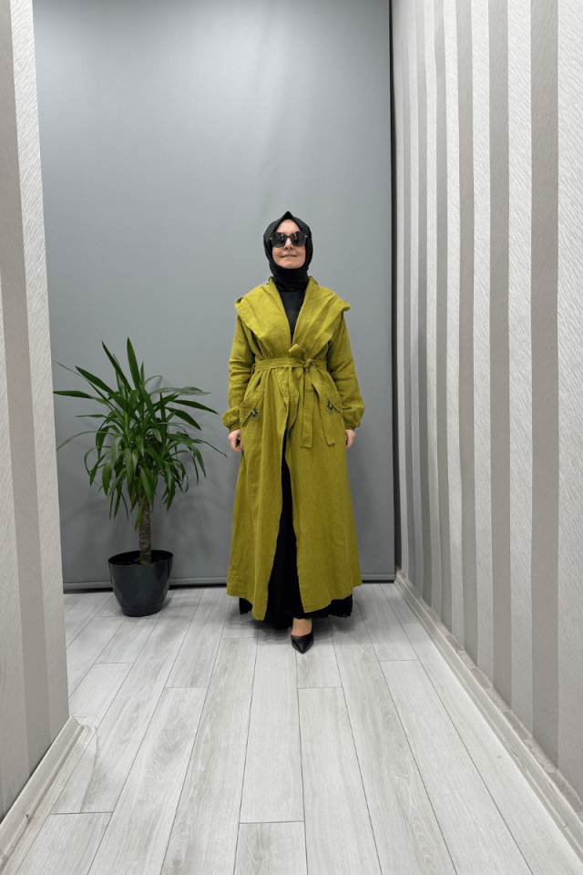 Misswhence Kapüşonlu Keten Kap Yeşil 37401