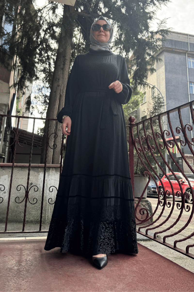 MissWhence Kadife Parçalı İpek Elbise Siyah(Leopar Desen) 36811