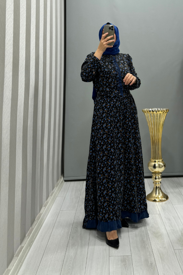 MissWhence Düğme Detaylı Desenli İpek Elbise Mavi 35819