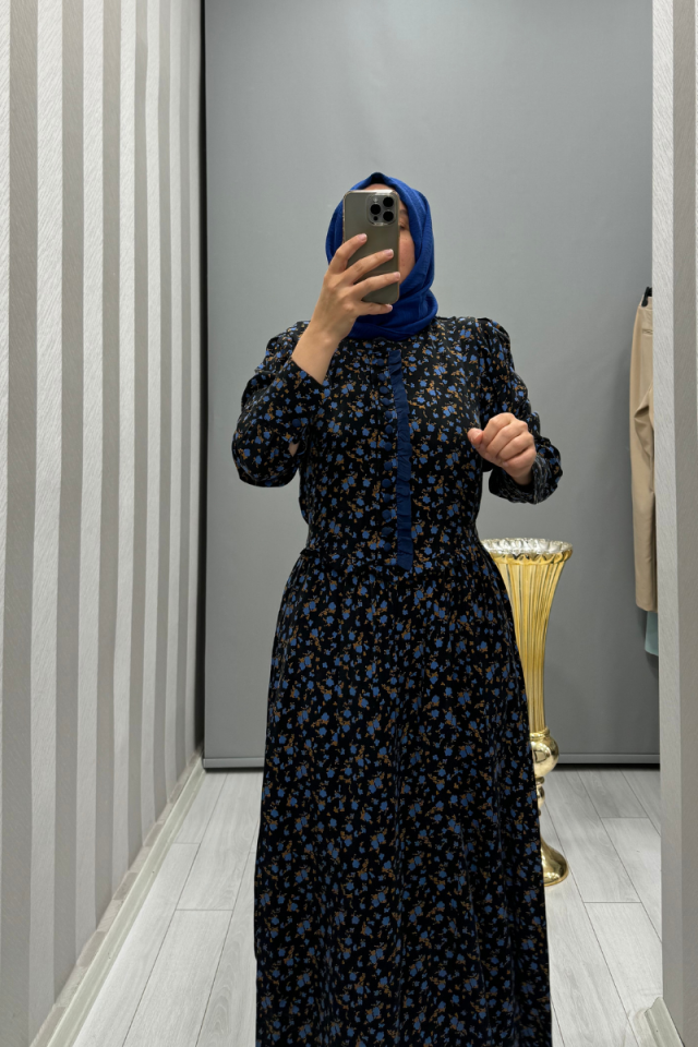 MissWhence Düğme Detaylı Desenli İpek Elbise Mavi 35819