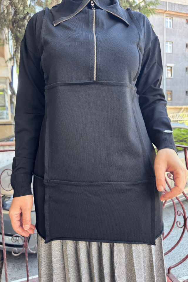 MissWhence Fermuarlı Triko Tunik Siyah 36013