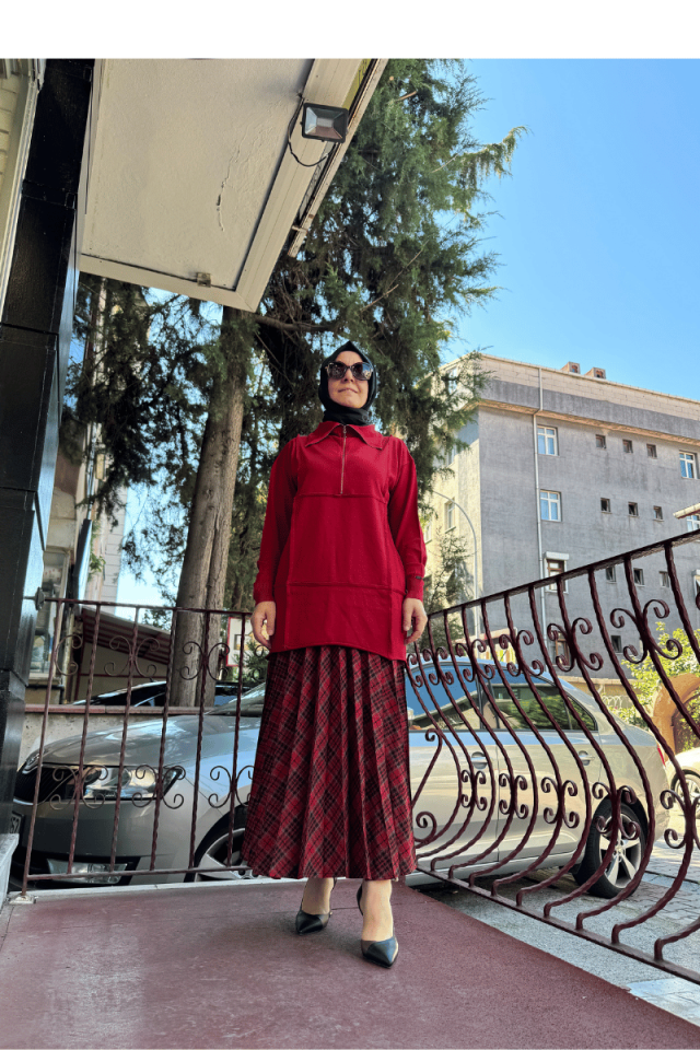 MissWhence Fermuarlı Triko Tunik Kırmızı 36013