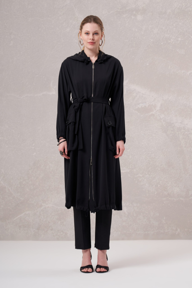 MissWhence Zippered Hooded Coat Black 35405