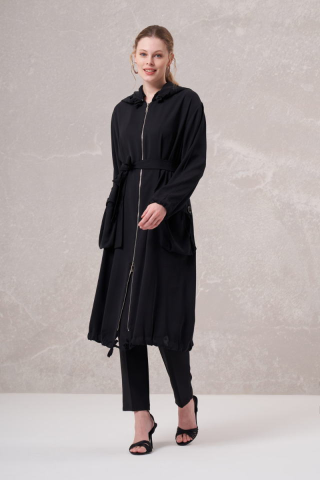 MissWhence Zippered Hooded Coat Black 35405