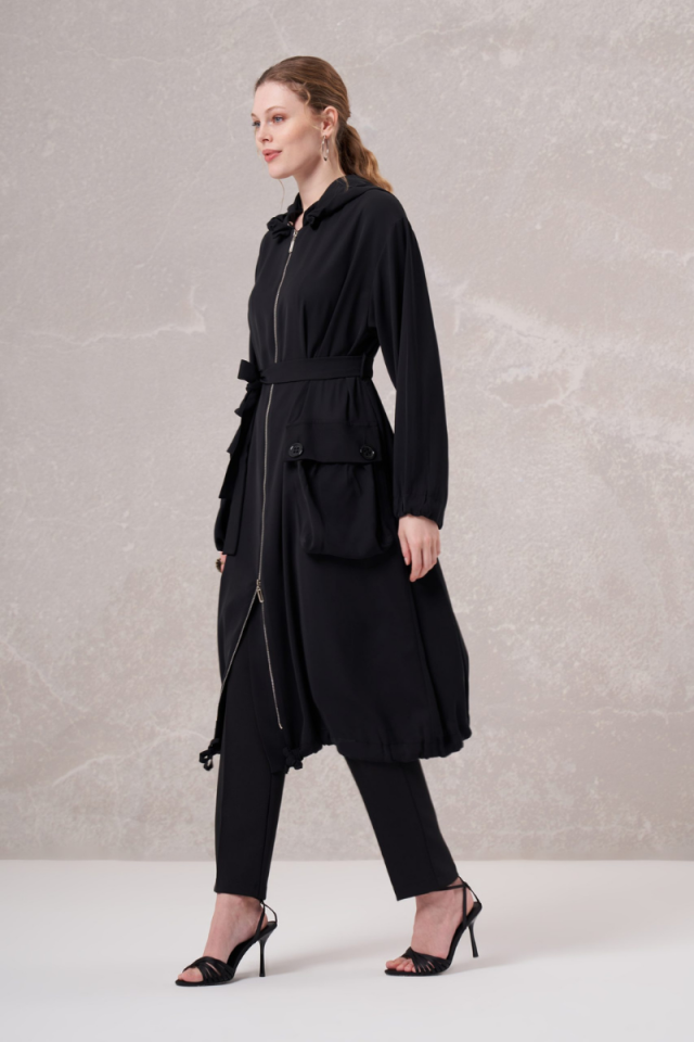MissWhence Zippered Hooded Coat Black 35405