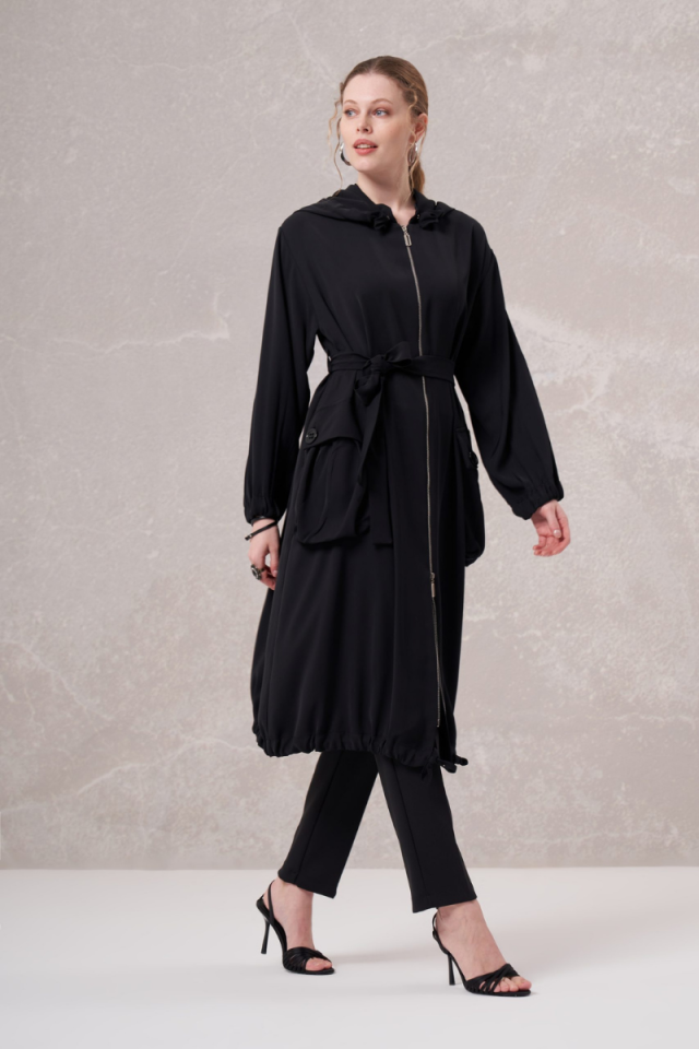 MissWhence Zippered Hooded Coat Black 35405
