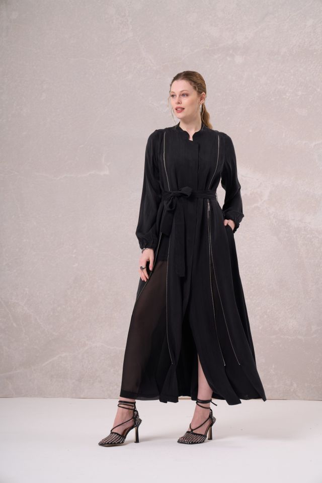 Misswhence Chiffon and Zipper Detailed Silk Topcoat Black 35505