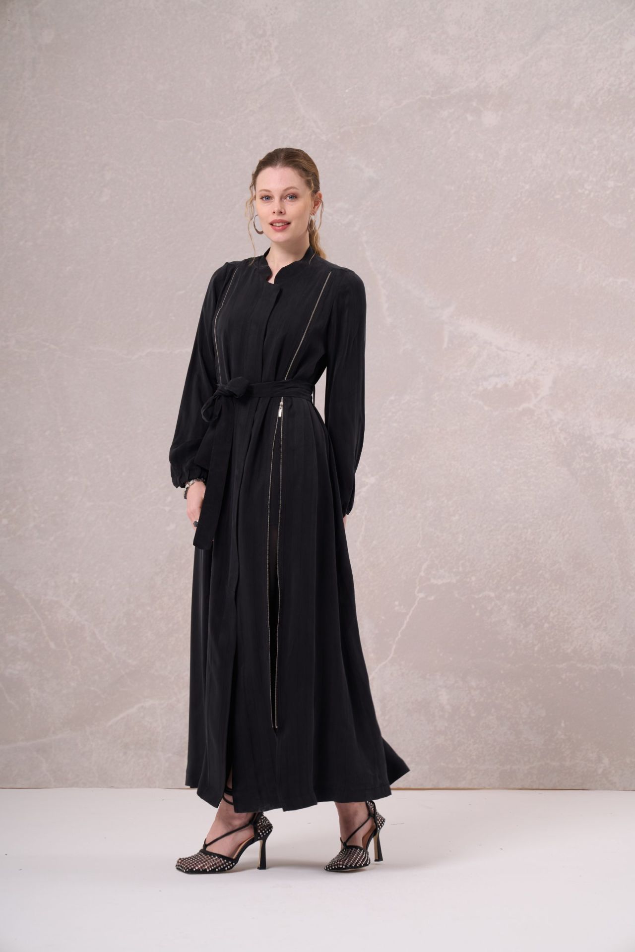 Misswhence Chiffon and Zipper Detailed Silk Topcoat Black 35505
