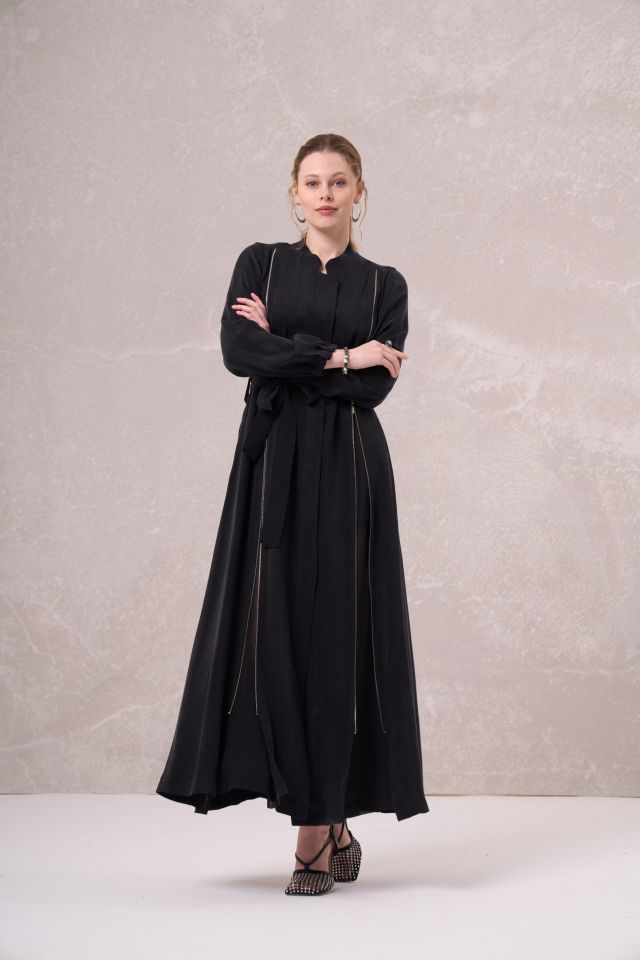 Misswhence Chiffon and Zipper Detailed Silk Topcoat Black 35505
