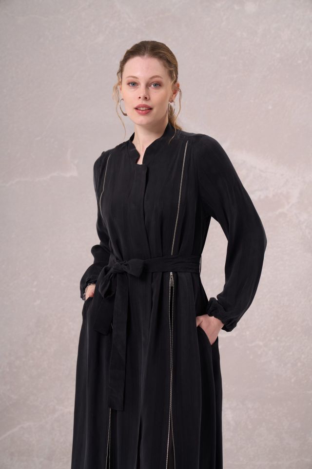 Misswhence Chiffon and Zipper Detailed Silk Topcoat Black 35505