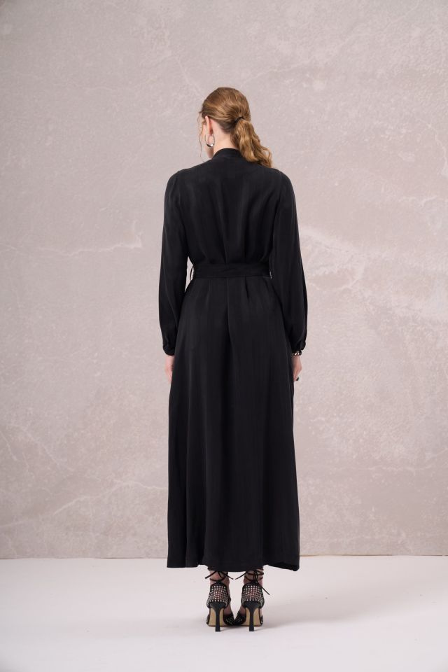 Misswhence Chiffon and Zipper Detailed Silk Topcoat Black 35505