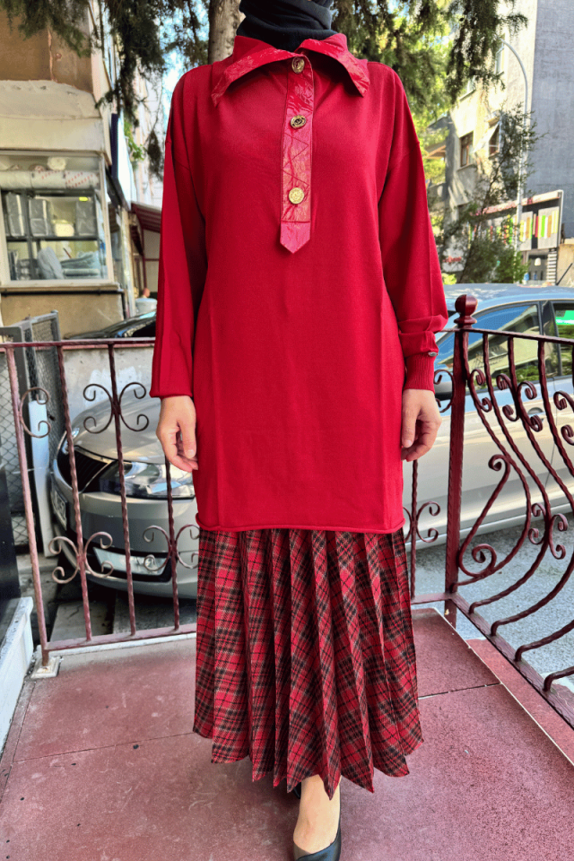 MissWhence Düğmeli Triko Tunik Kırmızı 36016