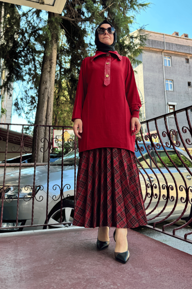 MissWhence Düğmeli Triko Tunik Kırmızı 36016