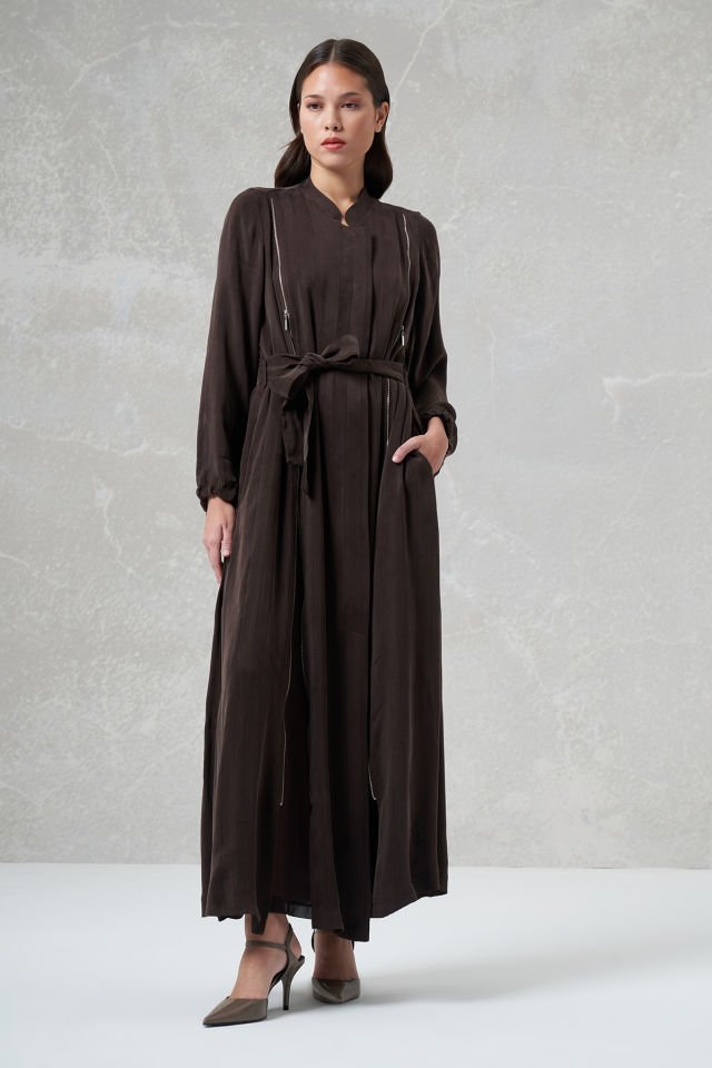 Misswhence Chiffon and Zipper Detailed Silk Topcoat Brown 35505
