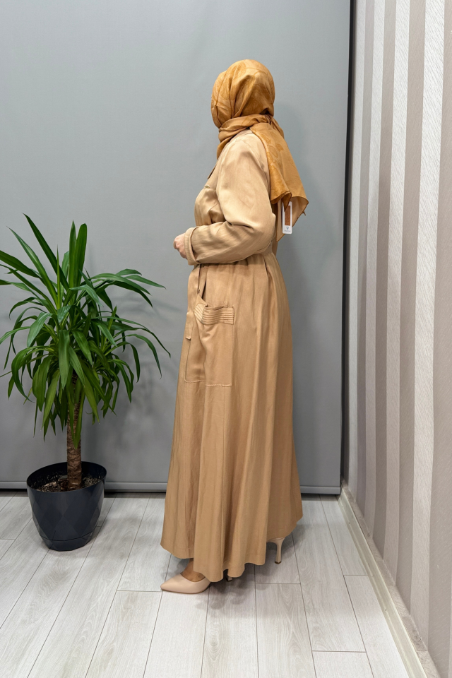 Misswhence Cep ve Fermuar Detaylı Chanel Keten Pardesü Camel 37515