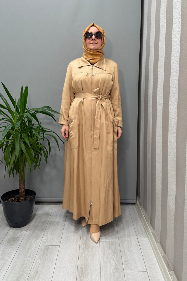 Misswhence Cep ve Fermuar Detaylı Chanel Keten Pardesü Camel 37515