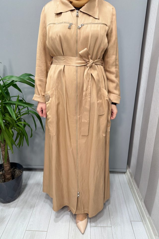 Misswhence Cep ve Fermuar Detaylı Chanel Keten Pardesü Camel 37515