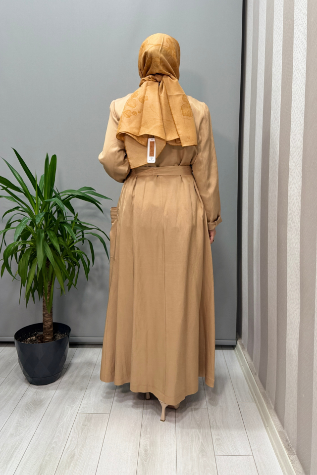Misswhence Cep ve Fermuar Detaylı Chanel Keten Pardesü Camel 37515