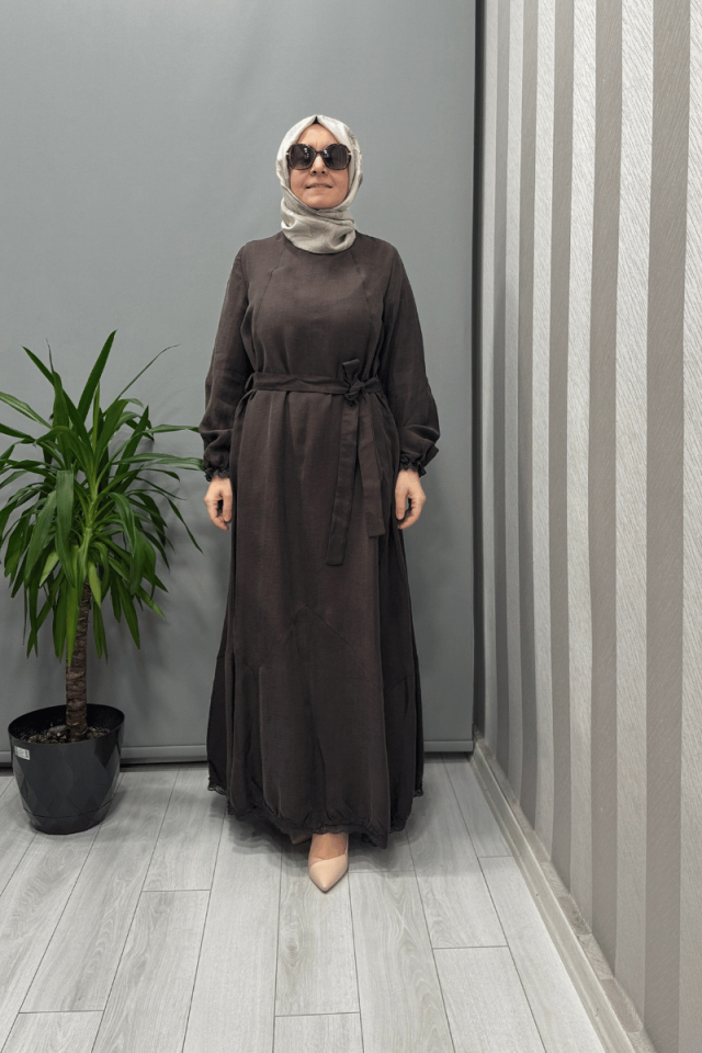 Misswhence Güpür Detaylı İpek Keten Elbise Kahve 37831