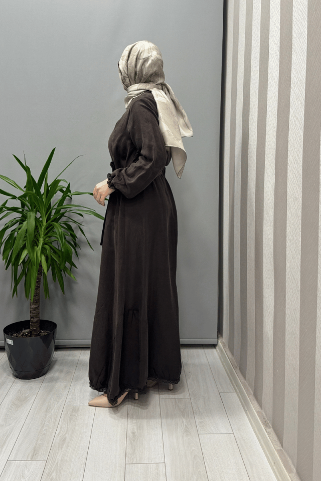 Misswhence Güpür Detaylı İpek Keten Elbise Kahve 37831