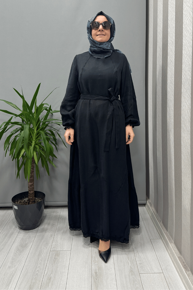 Misswhence Güpür Detaylı İpek Keten Elbise Siyah 37831