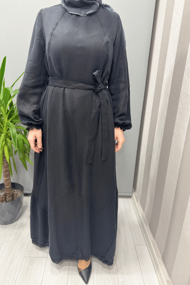 Misswhence Güpür Detaylı İpek Keten Elbise Siyah 37831