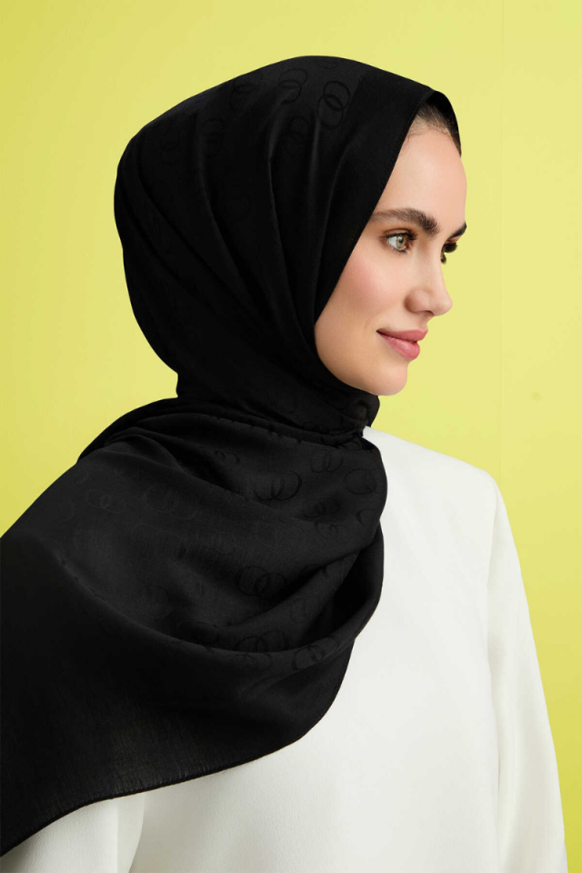 İmannoor Zincir Desen Siyah Pamuk İpek Şal 70x210