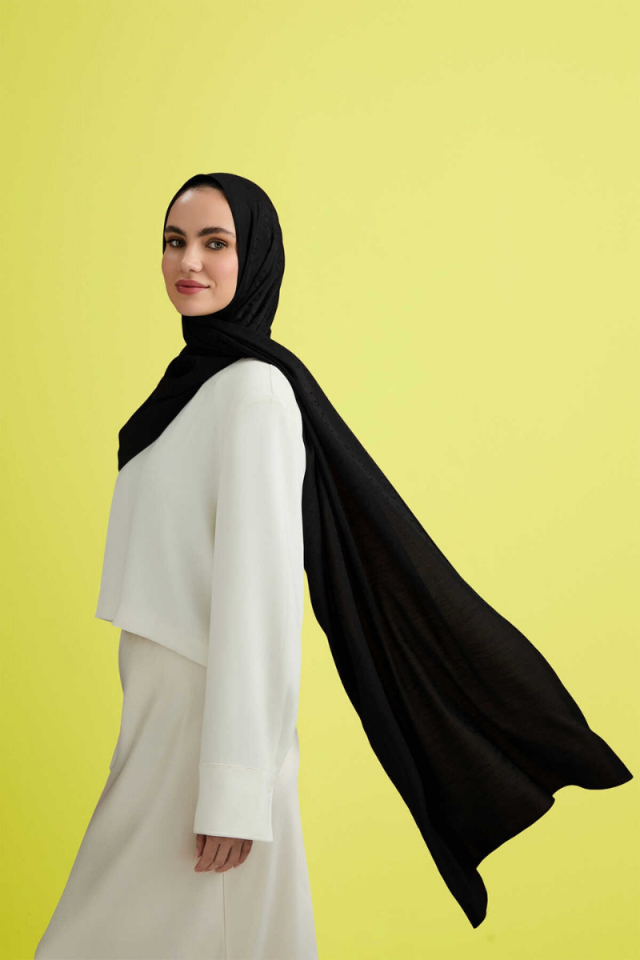 Imannoor Chain Pattern Black Cotton Silk Shawl 70x210