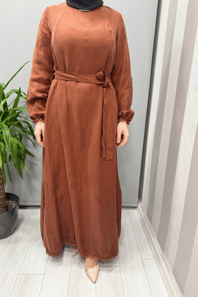 Misswhence Güpür Detaylı İpek Keten Elbise Turuncu 37831