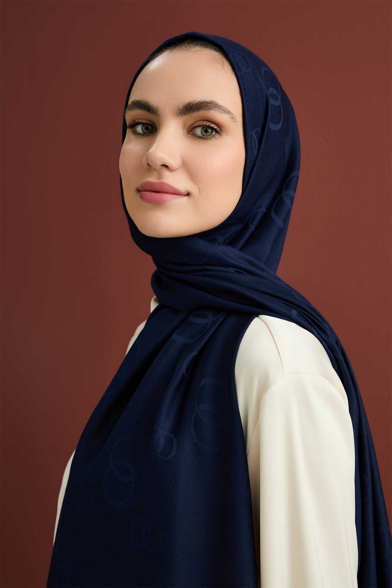 Imannoor Chain Square Navy Blue Cotton Silk Shawl 70x210