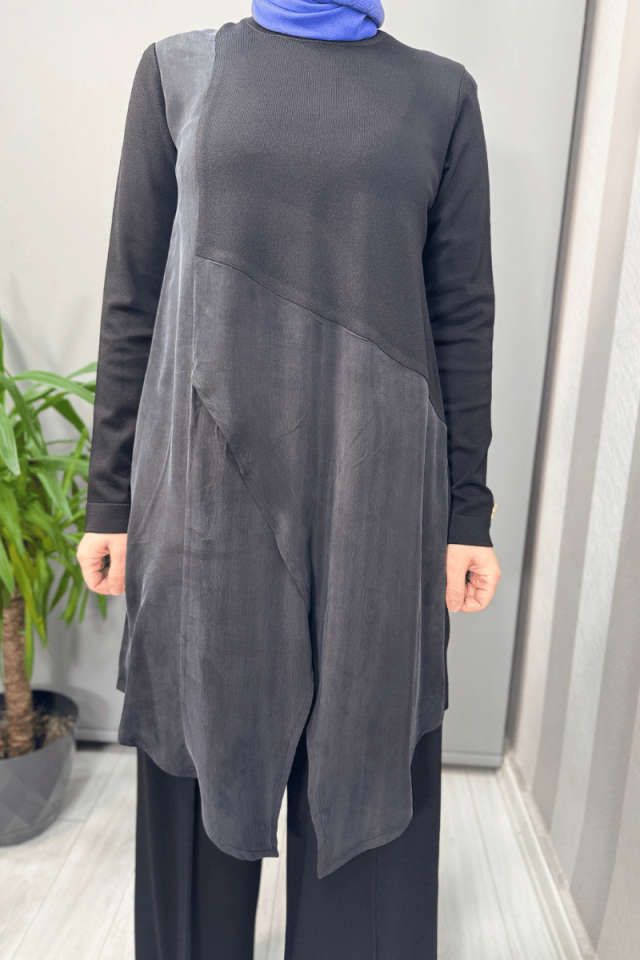 MissDalida Kruvaze Kesim Cupro Triko Tunik Siyah T25Y-6022