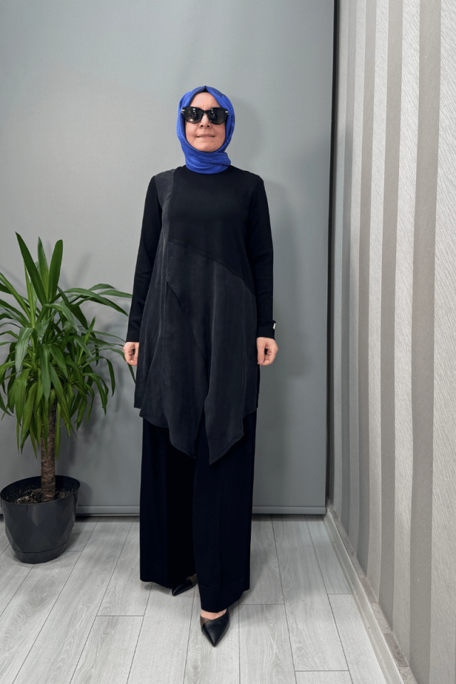 MissDalida Kruvaze Kesim Cupro Triko Tunik Siyah T25Y-6022
