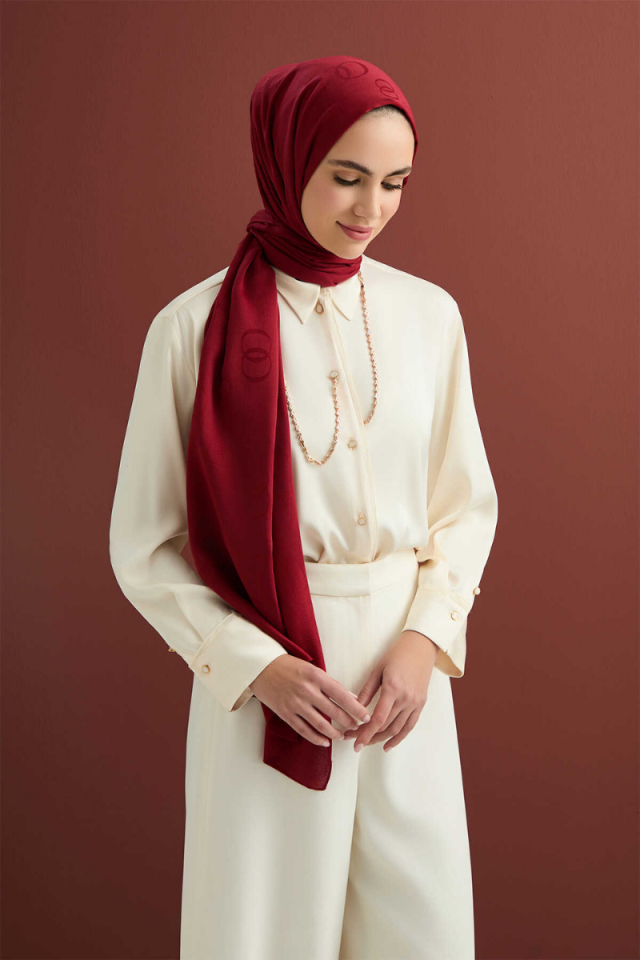 Imannoor Chain Square Burgundy Cotton Silk Shawl 70x210
