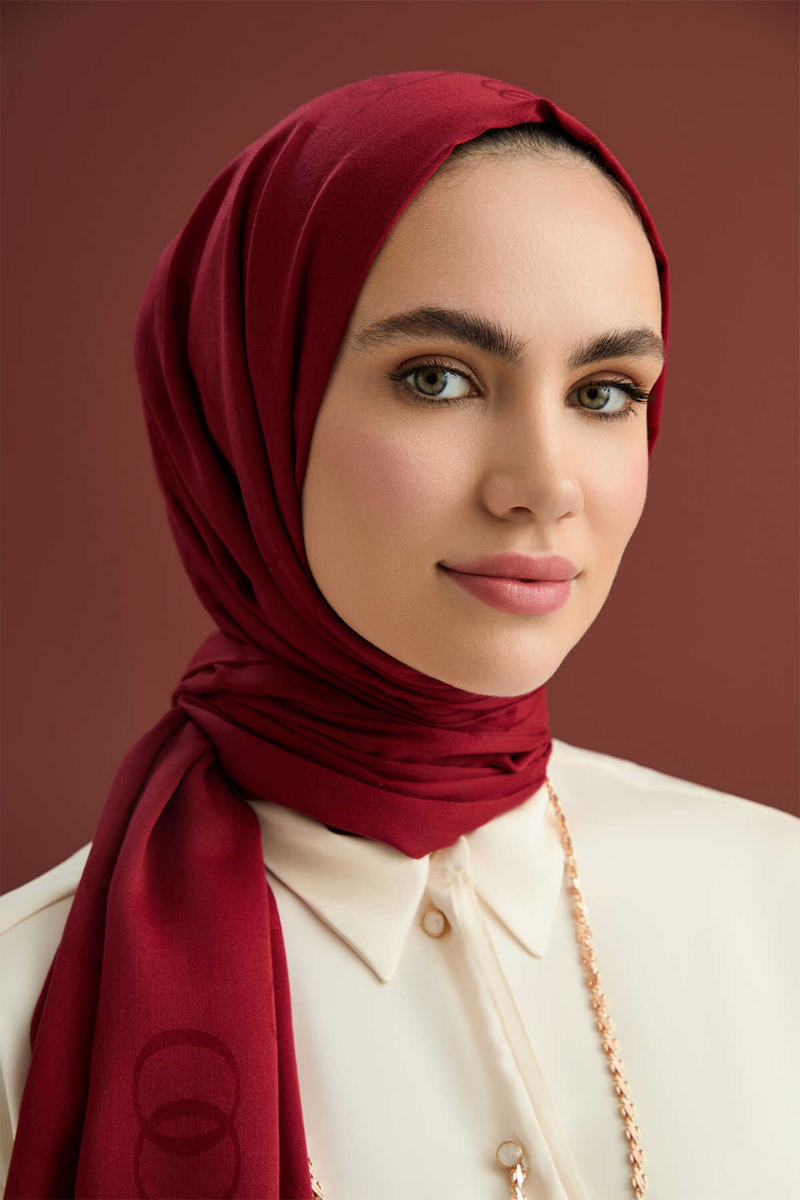 Imannoor Chain Square Burgundy Cotton Silk Shawl 70x210