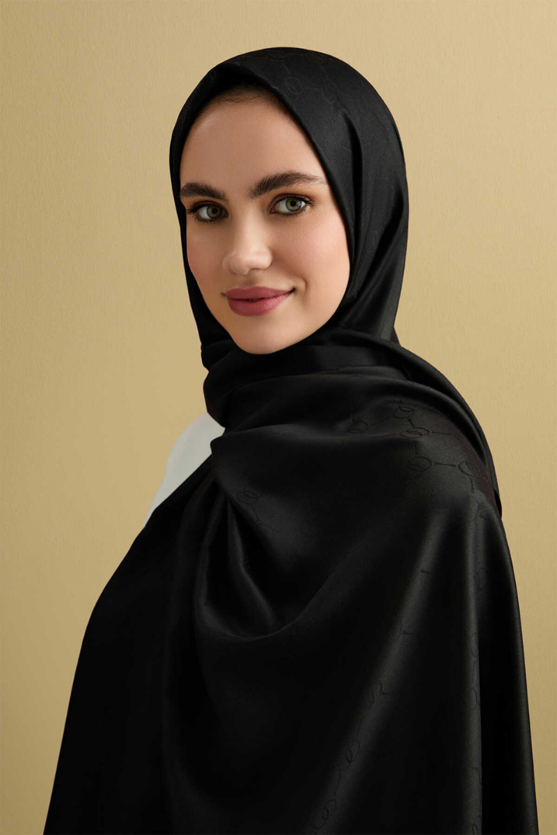 İmannoor Noor Petek Siyah Jakarlı İpek Şal 70x200