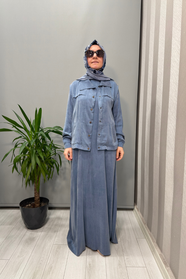 Almarwah Yelekli Cupra İpek Elbise Mavi 202781