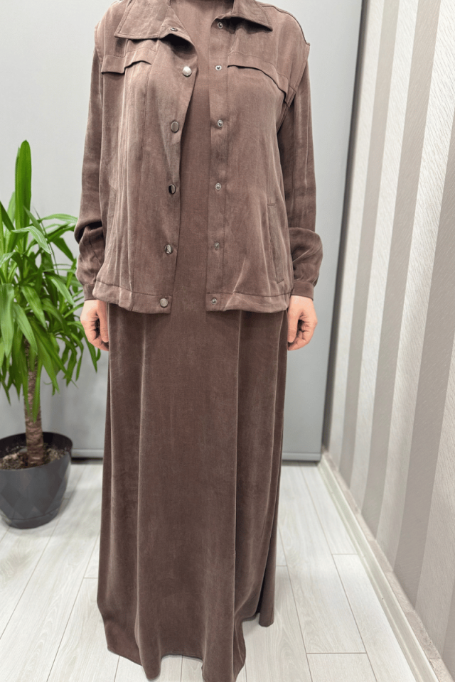 Almarwah Yelekli Cupra İpek Elbise Kahve 202781