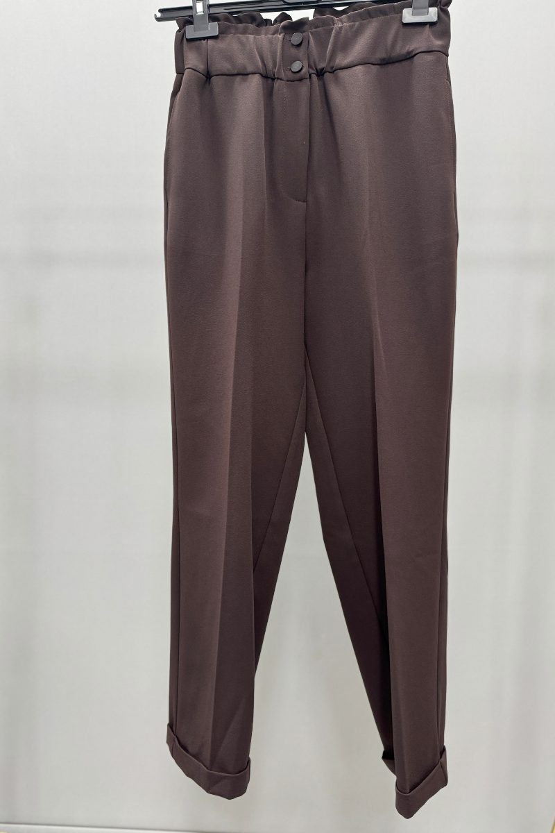 Sentez Beli Lastikli İnce Duble Paça Pantolon Kahve 5514