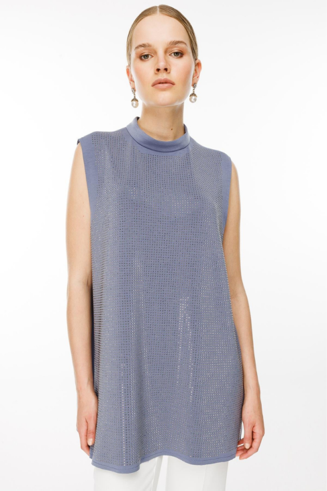 Ghisa Front Stone Detailed Sleeveless Scuba Underwear Indigo GSBASIC1858