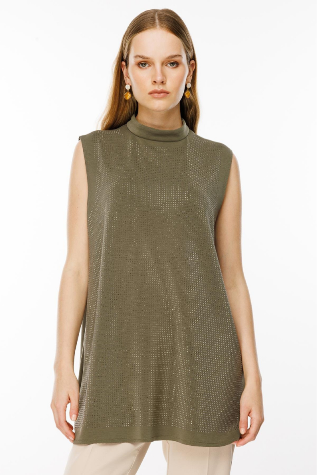 Ghisa Front Stone Detailed Sleeveless Scuba Underwear Khaki GSBASIC1858