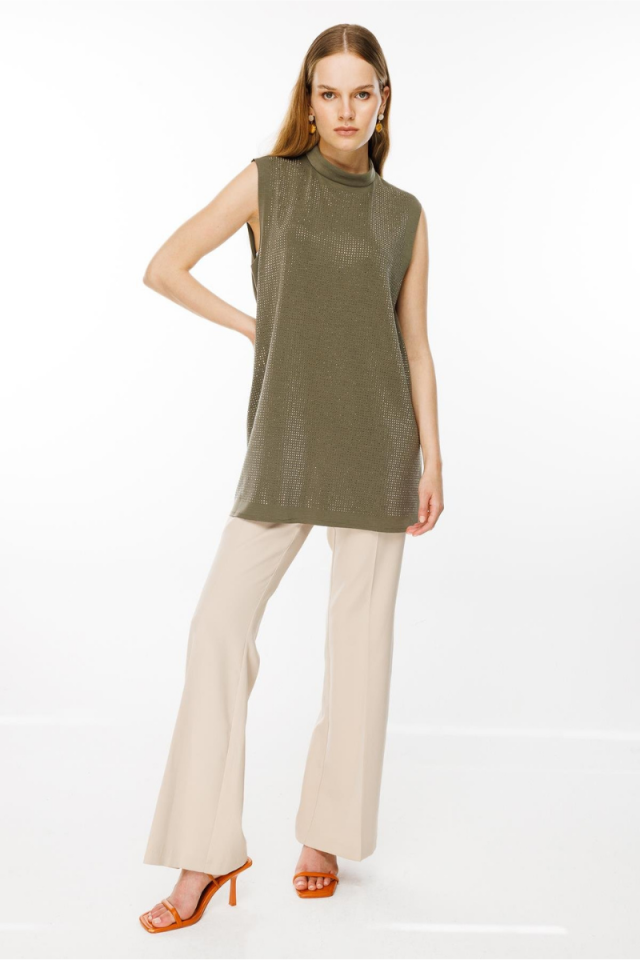 Ghisa Front Stone Detailed Sleeveless Scuba Underwear Khaki GSBASIC1858