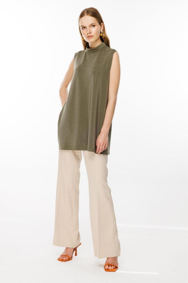 Ghisa Front Stone Detailed Sleeveless Scuba Underwear Khaki GSBASIC1858