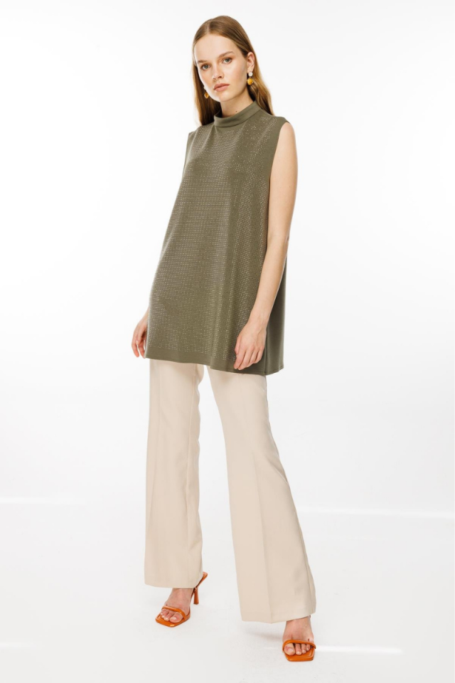 Ghisa Front Stone Detailed Sleeveless Scuba Underwear Khaki GSBASIC1858
