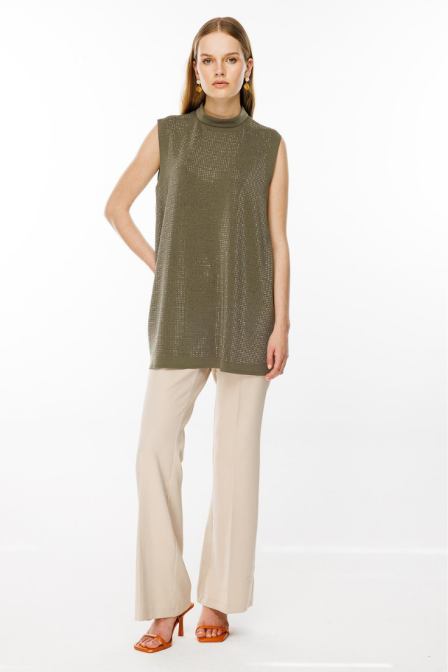 Ghisa Front Stone Detailed Sleeveless Scuba Underwear Khaki GSBASIC1858