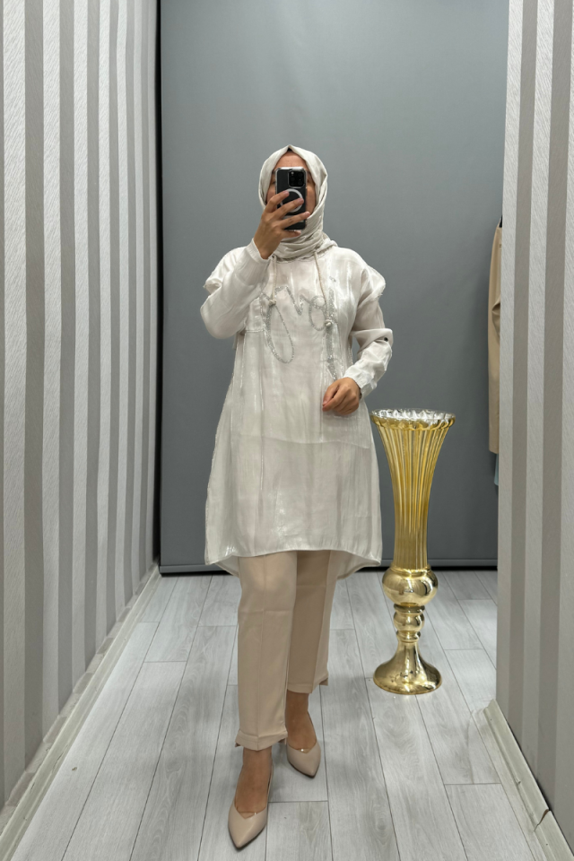 Dressing Room Imported Stone Detailed Hooded Tunic White Y53062